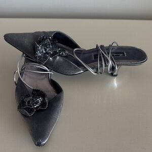 Beverly Feldman Black Satin Pointed Mules with Metallic Strap and Beaded Flower